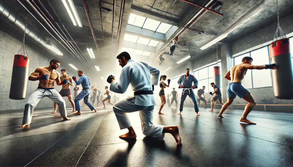 Lutadores treinando resistência com exercícios de alta intensidade em uma academia moderna.